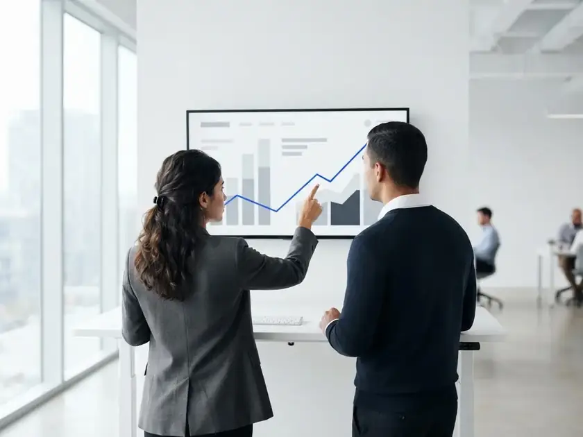 Analistas revisando un reporte de Google Analytics 4 con gráficos de conversiones y medición de resultados