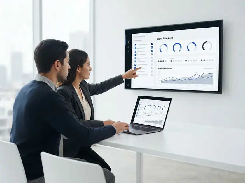 Consultor y gerente revisando una auditoría digital de marketing en un panel de diagnóstico