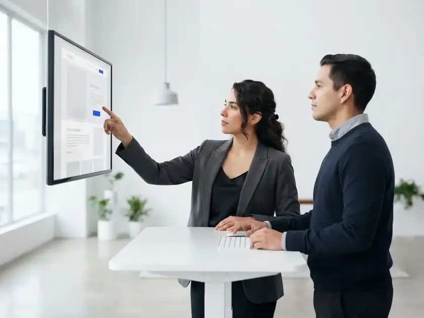 Diseñadora y cliente revisando el diseño de páginas web con WordPress