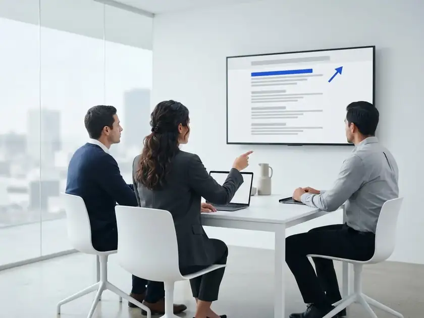 Equipo corporativo revisando el posicionamiento SEO en una pantalla de resultados de búsqueda y servicios SEO